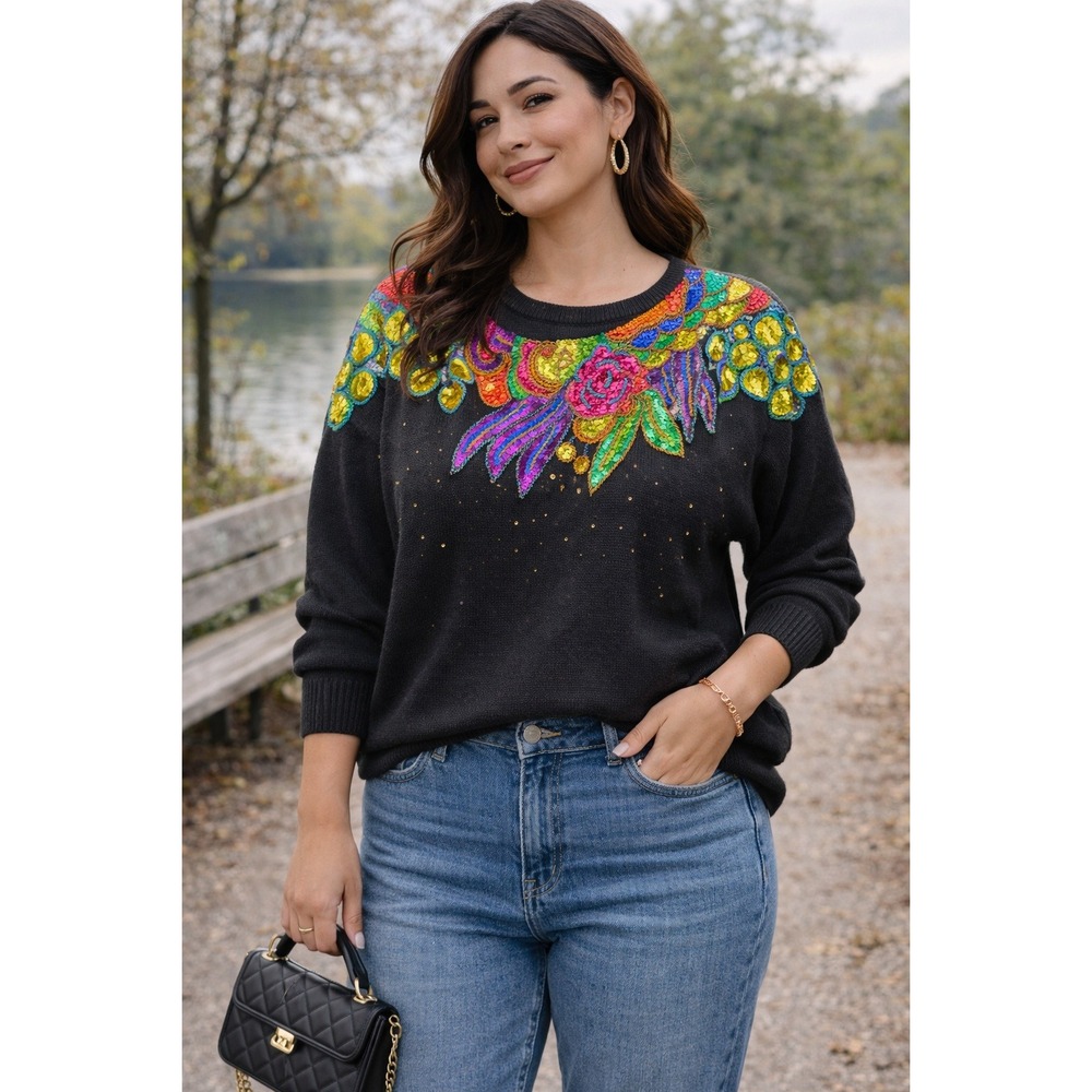 Vtg VICTORIA HARBOUR Black Knit Sweater Beaded Sequin Floral Medium Women's
